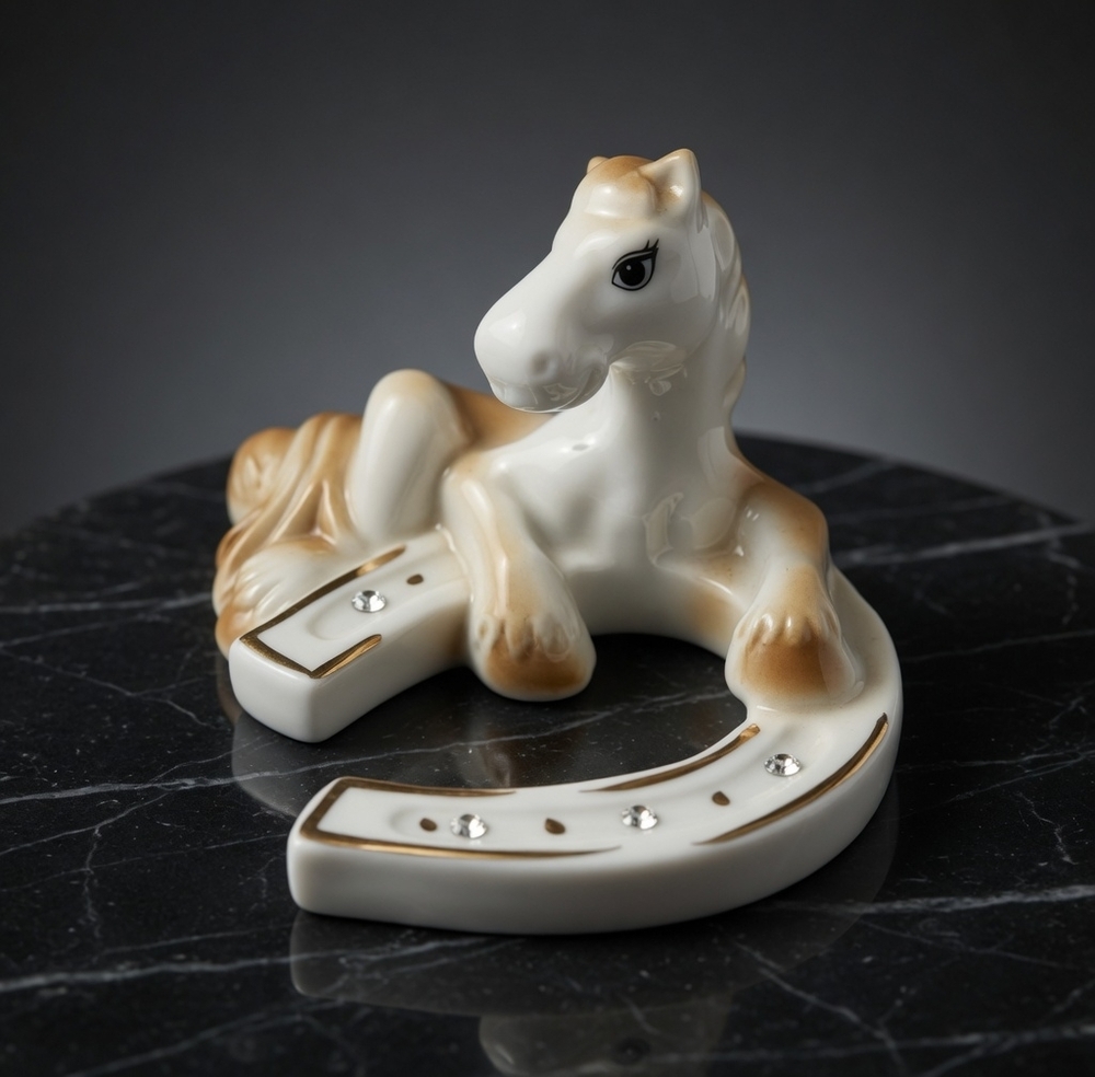 Porcelain Lucky Horse Horseshoe Figurine Rhinestone Gold Trim Amulet Decor EXC